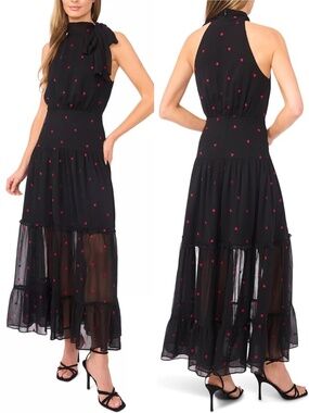 NEW CECE Black CHIFFON HALTER Tie Neck TIERED Heart EMBROIDERED Maxi DRESS S